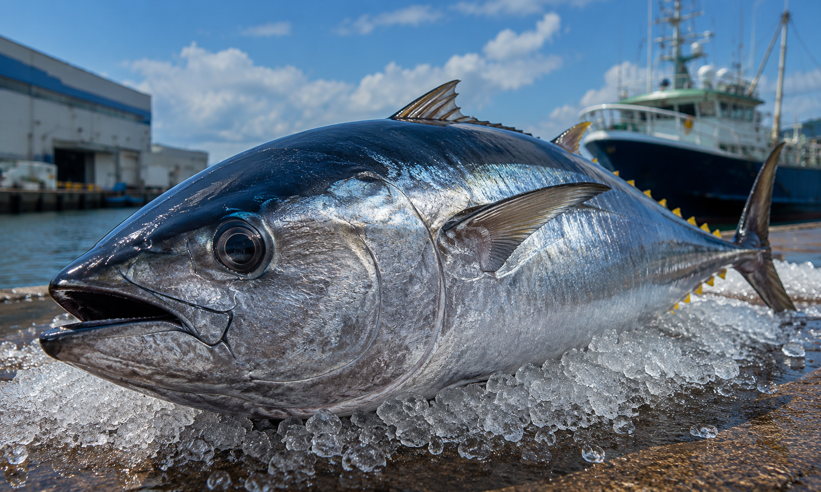 港で水揚げ直後のリアルなマグロの取扱イメージ
